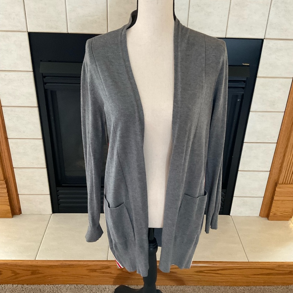 The Nu Vintage Gray w/Red/White Stripe on Sides, Open Front Long Sweater Vest, S - Picture 2 of 11
